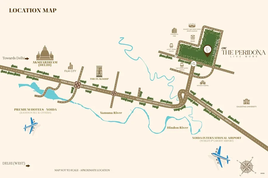 CRC The Peridona Location Map — Akshardham Delhi, Jewar Airport, Noida Expressway Connectivity